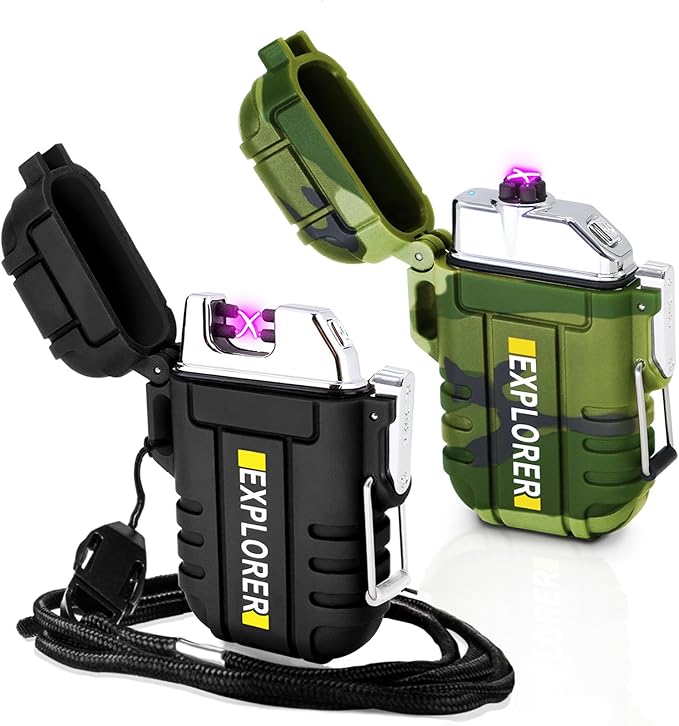 2 Pack Waterproof Lighter Outdoor Electric Lighters Dual Arc Windproof Lighters USB Rechargeable Flameless Plasma Lighter Camping Hiking Adventure Survival Tactical Gear