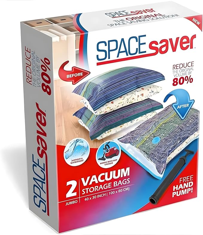Spacesaver 2 Pack Jumbo Vacuum Storage Bags for Blankets & Clothes – Jumbo Vacuum Sealed Compression Bags with Hand Pump – Space Saver Storage Bags for Bedding, Moving, Travel & Organization