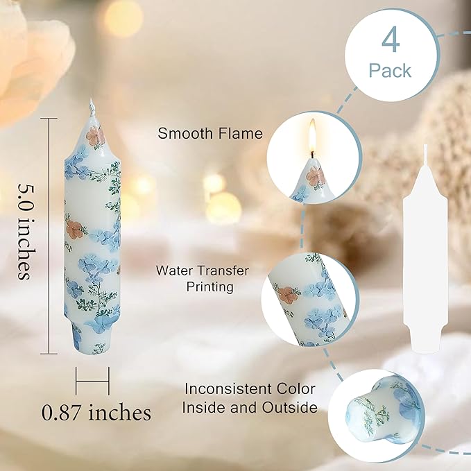 5 inch Short Candle Blue Floral Candle Sticks Printed Candlestick Handmade Unscented Taper Candle 4 Pack Blue Flower Tapered Candles for Home Dinner Wedding Holiday