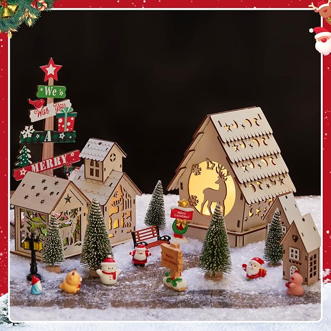 29pcs Christmas Village Sets Lighted DIY Wooden Christmas Village Houses for Crafts Accessories Wood House to Paint with Xmas Miniatures Trees Winter Snow Xmas Display Ornaments Craft Gift