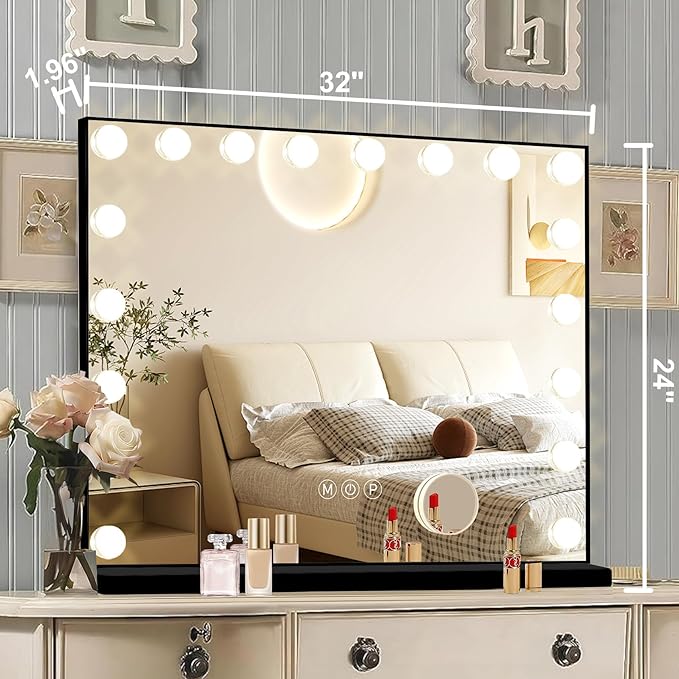 Ratsamee Black Hollywood Vanity Mirror with Lights, 18 Dimmable Bulbs, 3 Color Lights,Make Up Lighted Mirror, Aluminum Metal Frame, USB Charging Port（32" x 24"）