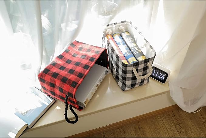 Rectangular Open Storage Baskets Cubes Decorative Home Organizer Containers with Cotton Rope Handles Stylish Storage Solution for Home or Office, Red Black Grid, M