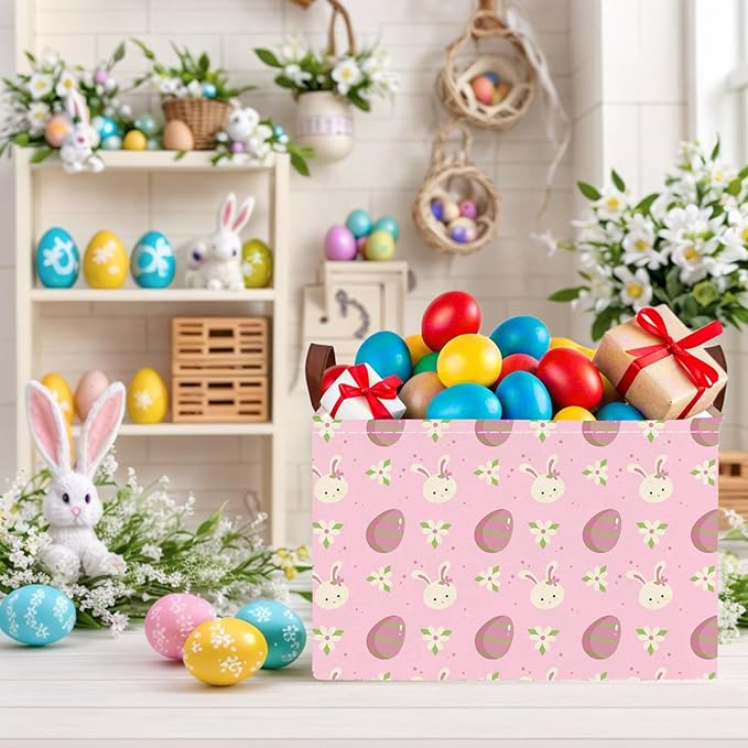 Large Cute Easter Basket for Kid Empty Gift Baby Rectangle Storage Bin Bunny Eggs Boy＆Girl Room Décor (Rabbit Pink Flower Egg)