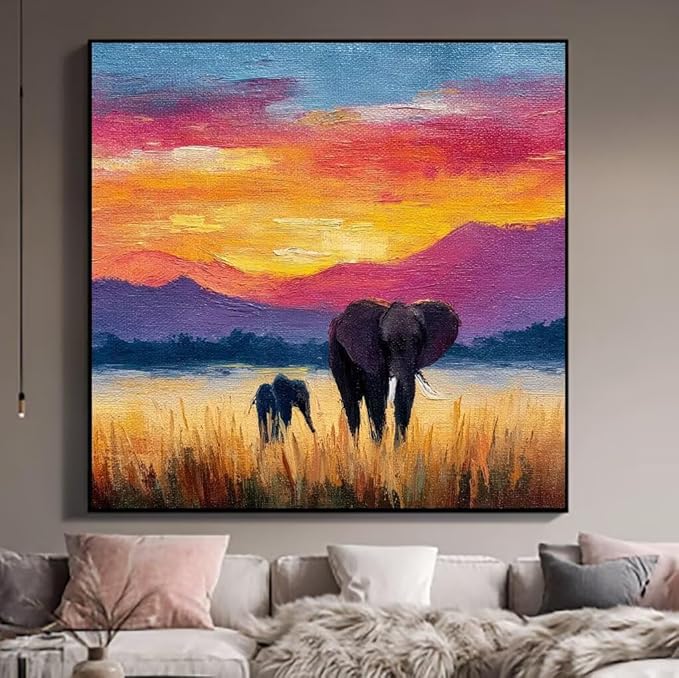 Paint by Numbers Kit for Adults Elephant Paint by Numbers Grassland DIY Crafts for Adults Canvas Paintings Kits, Hobbies for Women Art With Accessories, Home Wall Decor 32x32inch Without Frame 8-7022