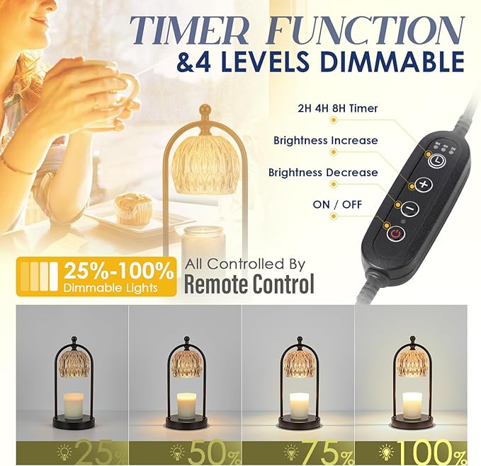 Soilsiu Candle Warmer Lamp With Timer, Electric Glass Light for Bedroom, Dimmable Wax Melts for Jars, Beside Lamp Gifts for Women Home Decor (2 Bulbs Included)
