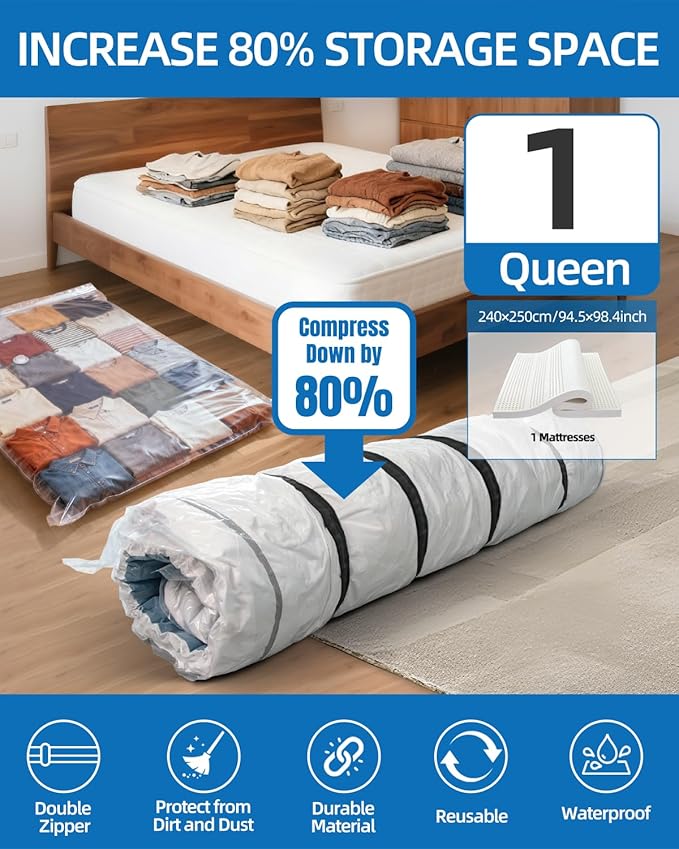 Vacuum Storage Bags for moving, Vacuum Seal Bags for Memory Foam, Latex, Clothing & Bedding, Space Saver Bags for Organization and Storage (XXX-Large)