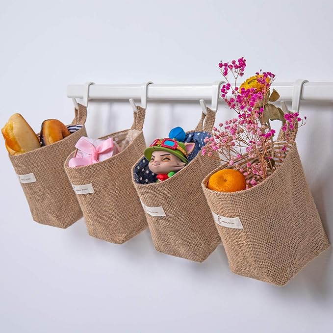 4 Pack Wall Hanging Storage Bags Hanging Storage Bags Cotton Linen Storage Basket Foldable Wall Hanging Basket Family Organizer Box Decorative Bag (Color as Shown)3.93 * 3.93 * 5.31
