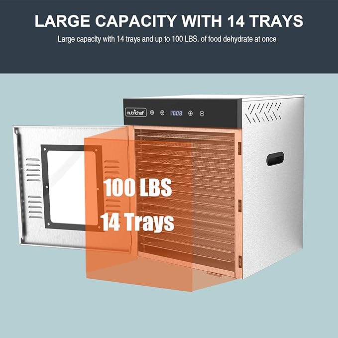 NutriChef Commercial Electric Food Dehydrator Machine - 14 Shelf Extra Large Capacity - Stainless Steel Trays - 1000-Watts, Digital Timer & Temperature Control - 18.58 x 17.52 x 22.52 IN
