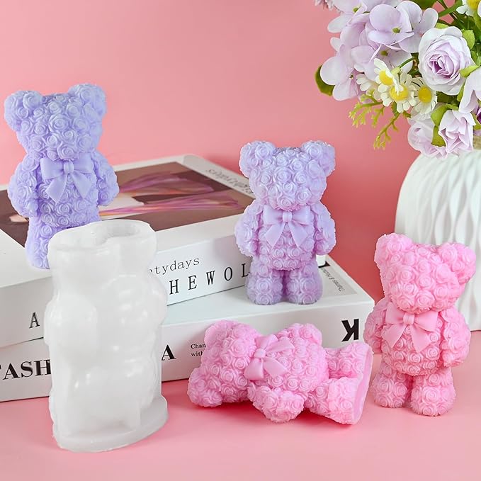 Standing Rose Bear Silicone Molds, Rose Teddy Bear Molds for Candles Making Handmade Soap Epoxy Resin Casting Home Decor Valentine/Mothers Day/Wedding/Anniversary/Birthday Gifts