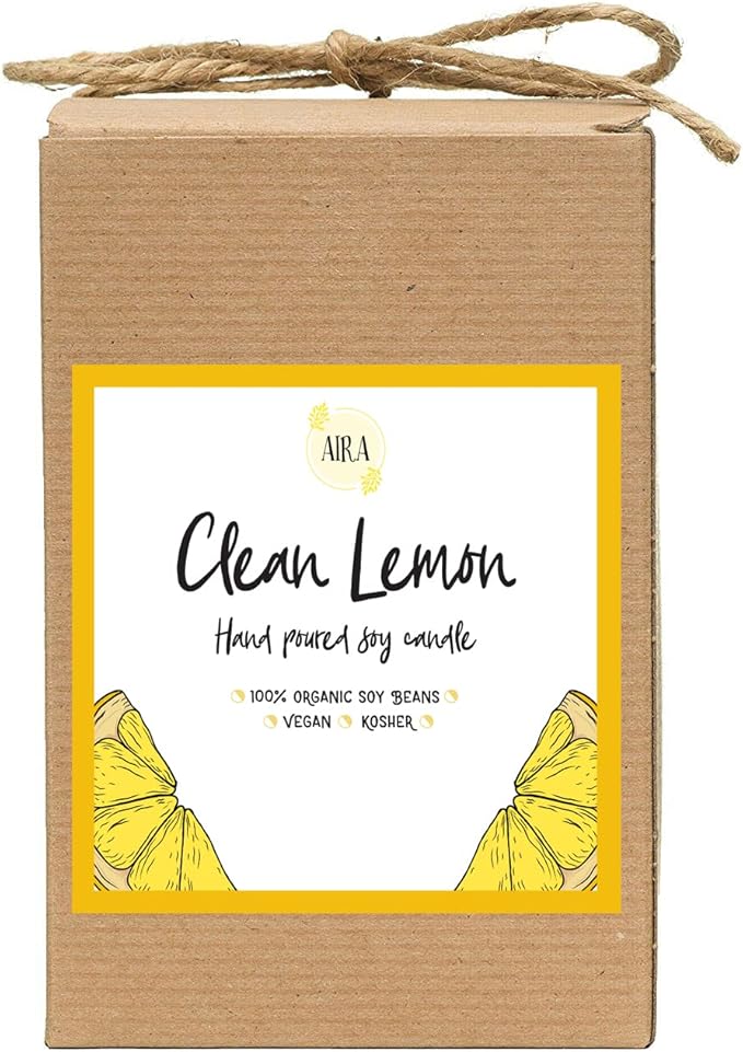 Aira Soy Candles - Organic, Kosher, Vegan, in Mason Jar w/Therapeutic Grade Essential Oil Blends - Hand-Poured 100% Soy Candle Wax - Paraffin Free, Burns 110+ Hours - Clean Lemon - 16 Ounces