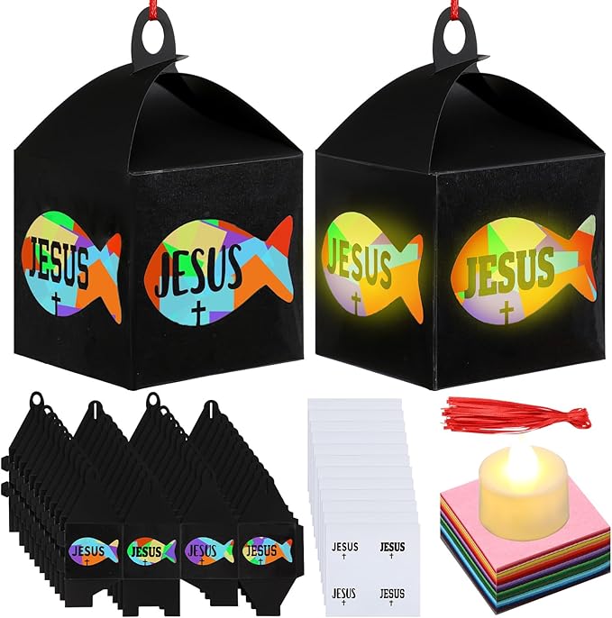 Simgoing 12 Sets Religious Fish Crafts with LED Candle Light Sunday School Crafts DIY Faith Jesus Fish Tissue Paper Kits Religious Hanging Ornament for Church VBS Classroom Activities