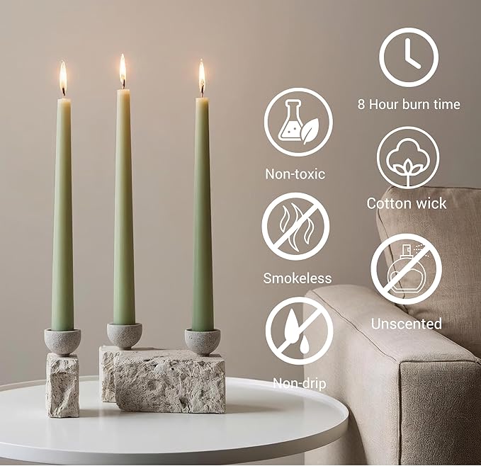 Tapered Dinner Candles - Soy & Paraffin Blend, Dinner Candles with Long-Lasting 7-Hour Burn for Stylish Homes - Candle in Curated Colors Ideal Gift for Hosts, Brides & Event Planners-Sage