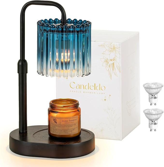 Candeldo Candle Warmer Lamp with Timer: Navy Blue Candle Warming Lamp with 2 Bulbs Height Adjustable Wax Melt Dimmable Bedroom Decor for Women