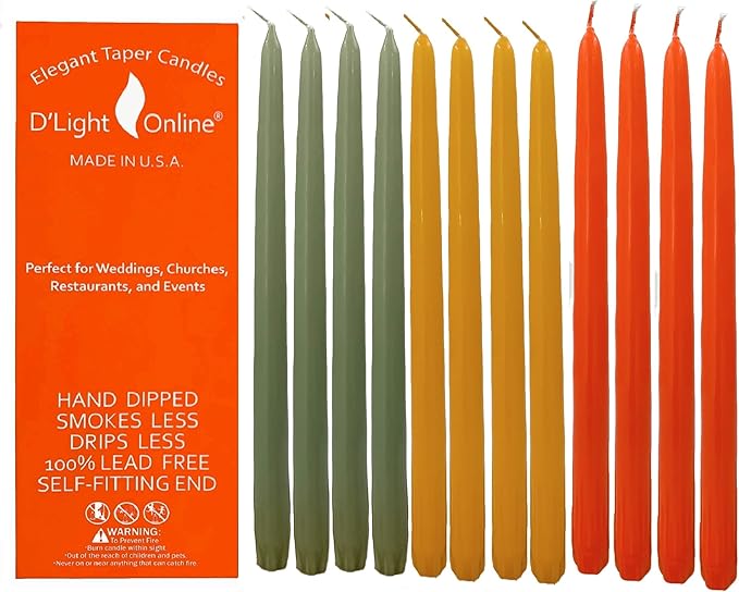 D'light Online Elegant 10" Seasonal Thanksgiving Taper Candles Premium Quality - Unscented, Hand-Dipped Tapered Candles, Dripless and Smokeless - Set of 12 (10 Inch, Fall Harvest)