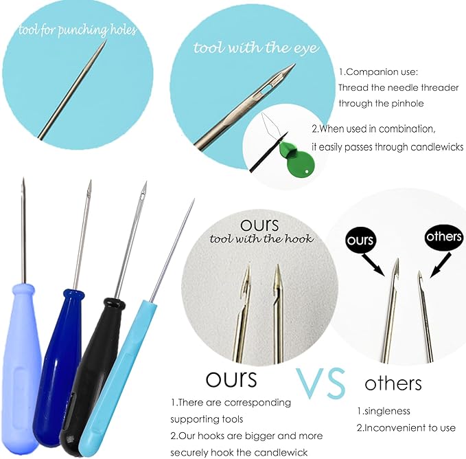 22 PCS Candle Wick Punching Tool Large-Eye Candle Needle Wick Sitting Tool with Hook & Eye Candle Making Kits to Insert Wick in Candle Mold Colored Threader for Candle Wick of All Thicknesses
