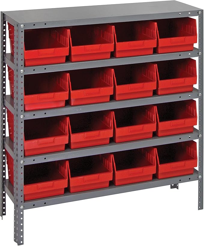 Quantum Storage Systems 1839-208RD Store More Steel Shelving Unit with 6" Shelf Bins, 18" D x 36" W x 39" H, Red