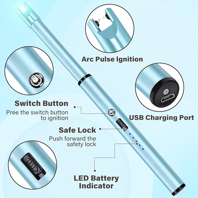 Navpeak Electric Candle Lighter Windproof USB Rechargeable Flameless Long Neck Lighter for Candles Gas Stove Fireplace BBQ Kitchen Grills (Sky Blue)