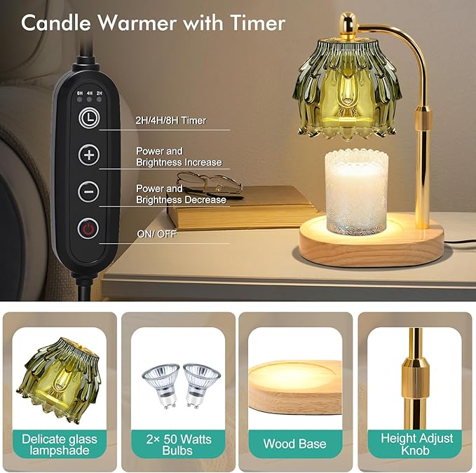 Candle Warmer Lamp with Timer - Electric Wax Melt Warmer with Adjustable Height and Dimmer for Scented Candle Wax, Home Fragrance Décor and House Warming Birthday Gifts for Women Mom