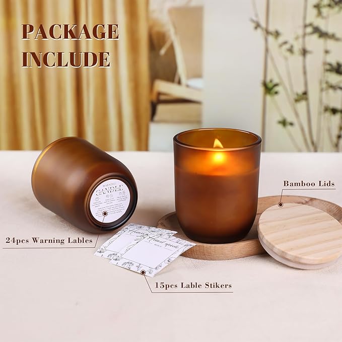 LETINE 12PCS Matte Amber Glass Candle Jars 8oz with Lids - Multi-Purpose Frosted Candle Containers for DIY Candle Making, Herb Storage, Sugar Scrubs, Perfect for Bridesmaids Gifts & Wedding Favor