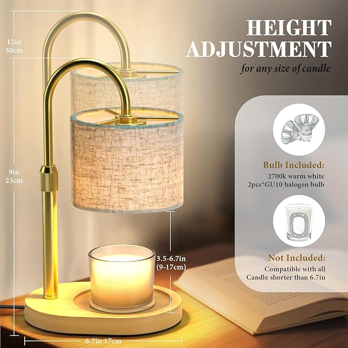 Gold Candle Warmer Lamp with Timer Dimmer, Height Adjustable Electric Candle Warmer Wax Heater with Wooden Base 2 Bulbs, Birthday Gifts for Women Her, Mom, House Warming Gifts New Home
