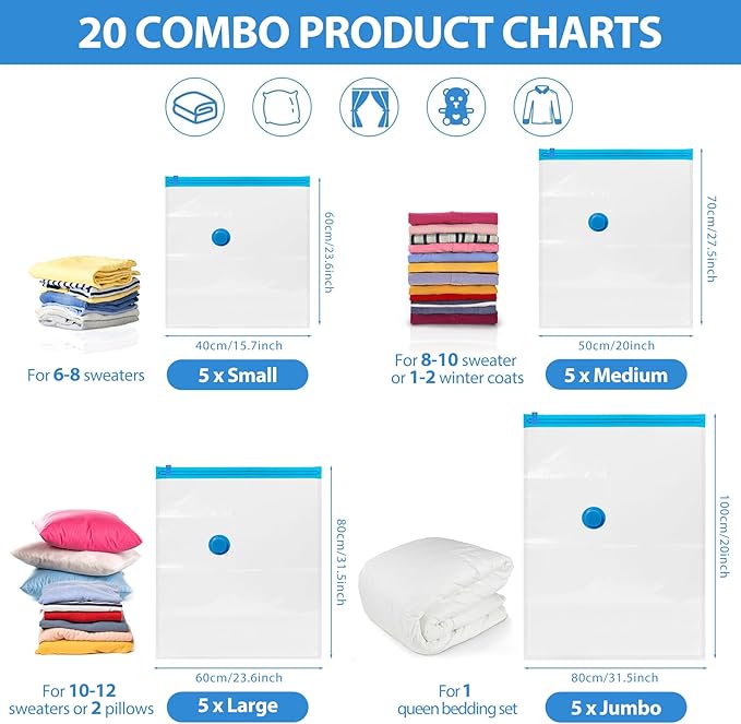 Vacuum Seal Bags for clothing - 20 Pack Vacuum Storage Bags for Travel (5 Jumbo/5 L /5 M /5 S), Space Saver with hand pump, Vacuum Sealed Bags for Luggage Clothes Blankets Bedding