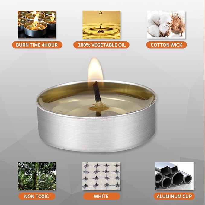 AlterEgo Unscented Tea Lights - 200 Pack Tealight Candles - 4+ Hour Burn Time - Clean-Burning White Palm Votive Smokeless Tealights Candles for Home, Shabbat & Anniversaries (200Pack)