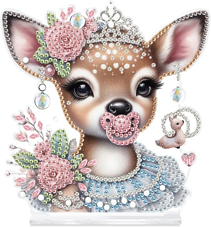 antor DIY Diamond Painting Desktop Ornament Kit, Acrylic Tabletop Diamond Art Decoration, Special Shape Diamond Painting Figurine Ornaments DIY Crafts Gift, Deer with Pink Rose Crown