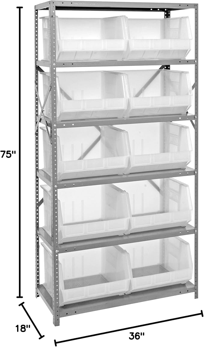 Quantum Storage Systems QSBU-270CL Giant Open Hopper Steel Shelving System, 18" D x 36" W x 75" H, with 6 Shelves and 10 QUS270 Bins, Clear