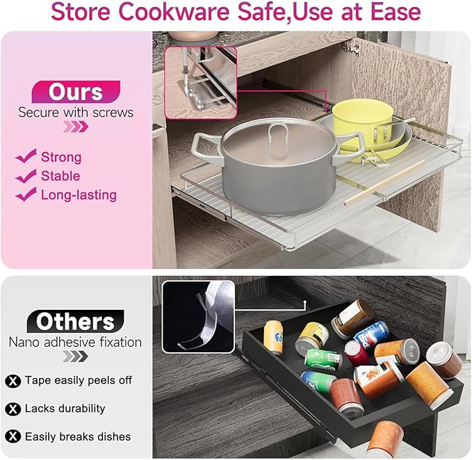 Pull Out Shelves for Kitchen Cabinet, 17.1~28" W x 22.5" D Expandable Slide Out Drawers for Kitchen Organizers and Storage, Pull Out Cabinet Organizer, Stainless Steel, 2Pack