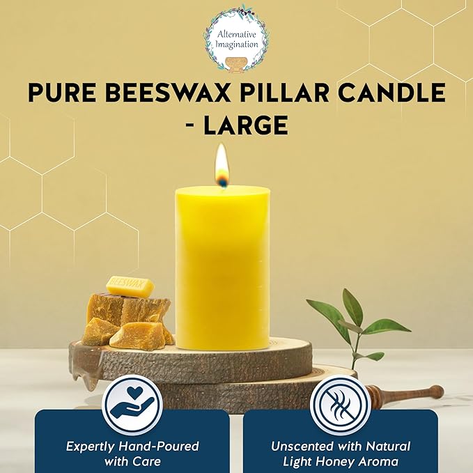 100% Pure Beeswax Pillar Candle – Large 3x6 Inch Handmade Candle with 80-Hour Burn Time – Natural Honey Aroma – Clean & Hypoallergenic – Chemical-Free– Natural Air Purifier – Alternative Imagination