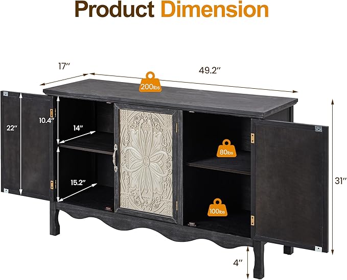 RoyalCraft Buffet Cabinet with Storage, Vintage Solid Wood Sideboard with 3 Carved Doors, Painted Coffee Bar Console Table for Dining Room, Living Room, Kitchen, Black