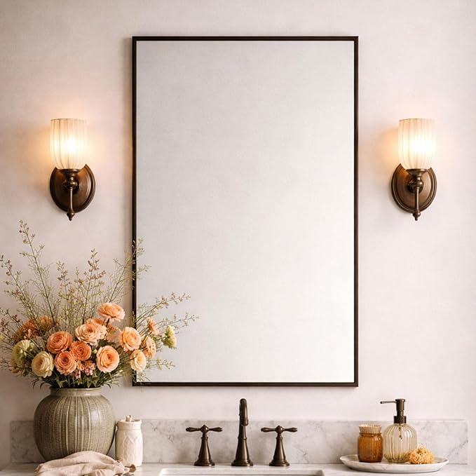 TEHOME Oil Rubbed Bronze Bathroom Vanity Mirror with Squared Corners, 24x32'' Dark Bronze Rectangle Stainless Steel Metal Framed Mirror for Bathroom