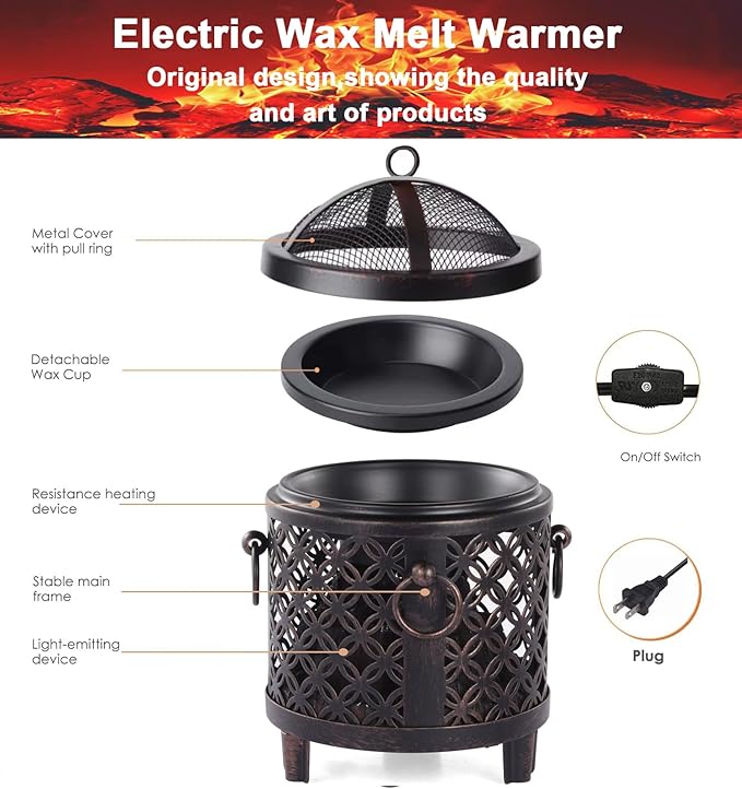 Dicimi Vintage Electric Wax Warmer for Scented Wax Melts - Flickering Fire LED Candle Warmer, Multi-Function Oil Warmer for Essential Oils, Safe Flameless Home Decor with 60-Day Warranty