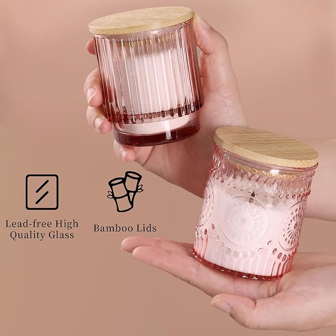 8 Pack Pink Assorted Glass Candle Jars for Making Candles-7 Oz, Empty Candle Containers, Candle Making Supplies, Candle Vessels with Bamboo Lids & Warning Labels, Centerpiece Table Decor