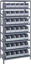 Quantum 1875-461GY Heavy Duty Shelving Unit with (8) Shelves and (35) SSB461 Gray Bins for Industrial Warehouse Storage Distribution | 400 lbs Capacity | 18"D x 36"L x 75"H, Galvanized Carbon Steel