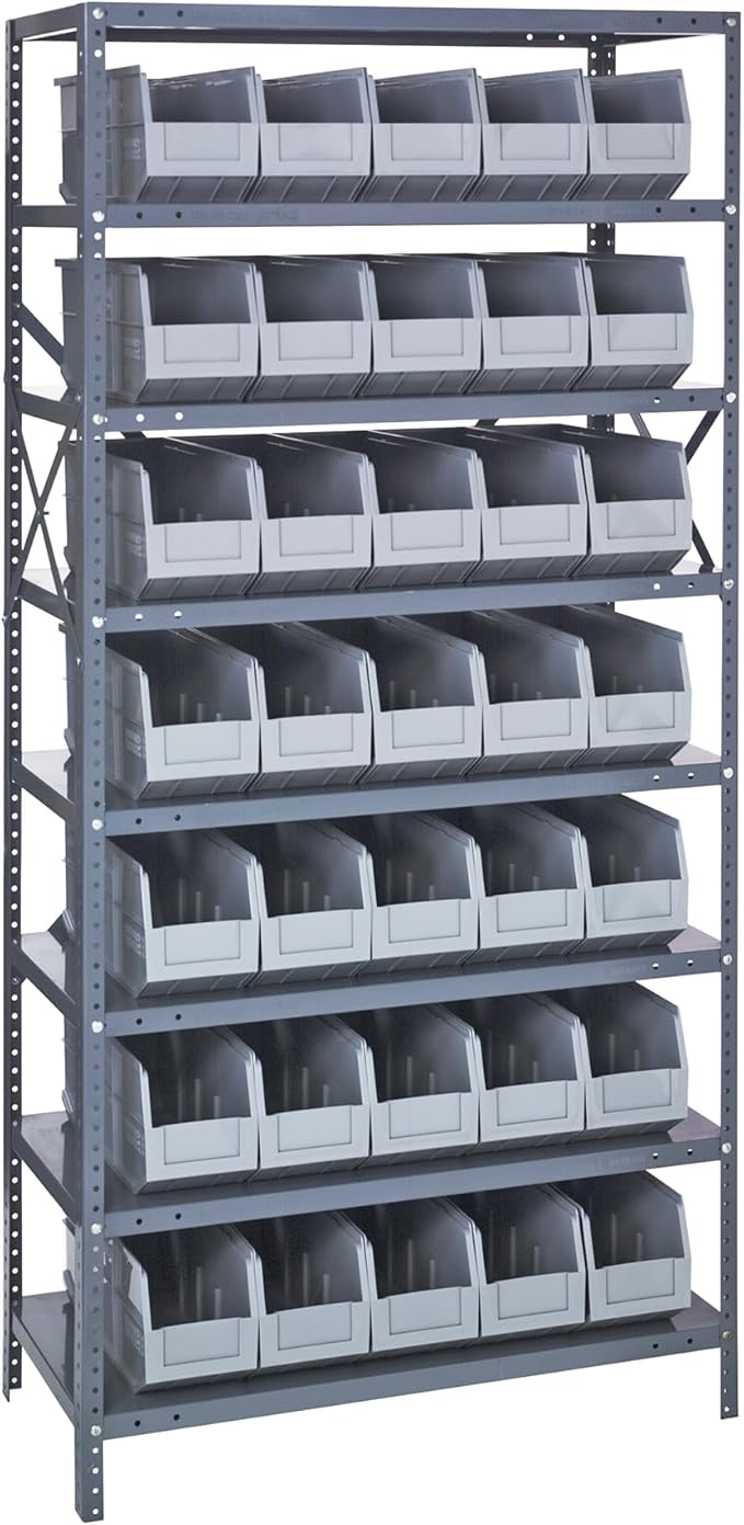 Quantum 1875-461GY Heavy Duty Shelving Unit with (8) Shelves and (35) SSB461 Gray Bins for Industrial Warehouse Storage Distribution | 400 lbs Capacity | 18"D x 36"L x 75"H, Galvanized Carbon Steel
