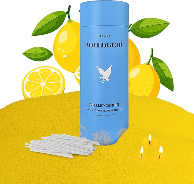 Azure Whisper Pearled Candle – 18oz Zesty Lemon Scented Sand Candles with 30 Wicks | Refillable Yellow Wax Long-Lasting Powder 120 Hours for Kitchen & Home Freshening