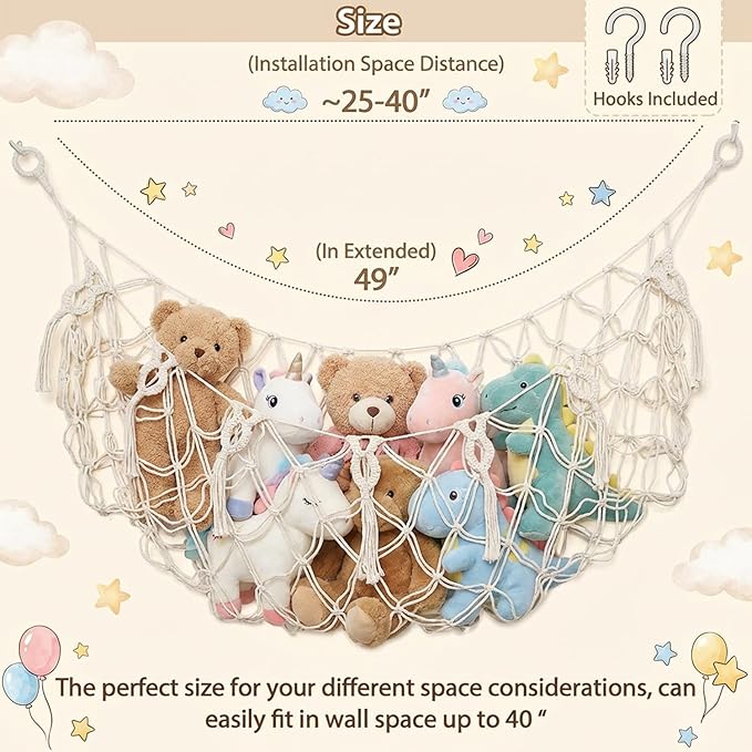 Stuffed Animal Net or Hammock for Flat Wall Mounted Handmade Macrame Toy Display Hanging Plush Toy Net for Stuff Animal Storage(Cream large)