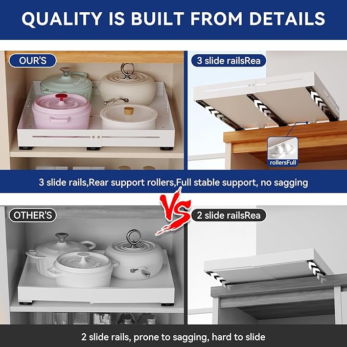 Pull out Cabinet Organizer, Full Metal Expandable Width (12.6"-20.8") & Depth (16"-24.4") Adjustable Slide out Drawers, No Drill Adhesive Roll out Shelves for Kitchen Pantry, White