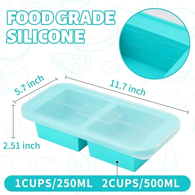 SHIKORI Silicone Freezer Tray With Lid, Silicone Freezer Food Molds, Large Ice Cube Tray, Silicone Freezer Container,Freeze & Store Soup, Sauce, Broth,Leftovers (Blue-2 Cups)