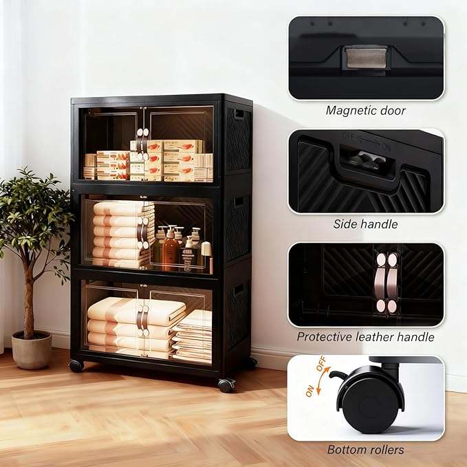 Collapsible Storage Bins with Lids&Wheels-192QT(48Gal) Stackable Plastic Containers with Doors,Heavy-Duty Foldable Organizer Bins for Home,Office,Books,Black,3-Pack