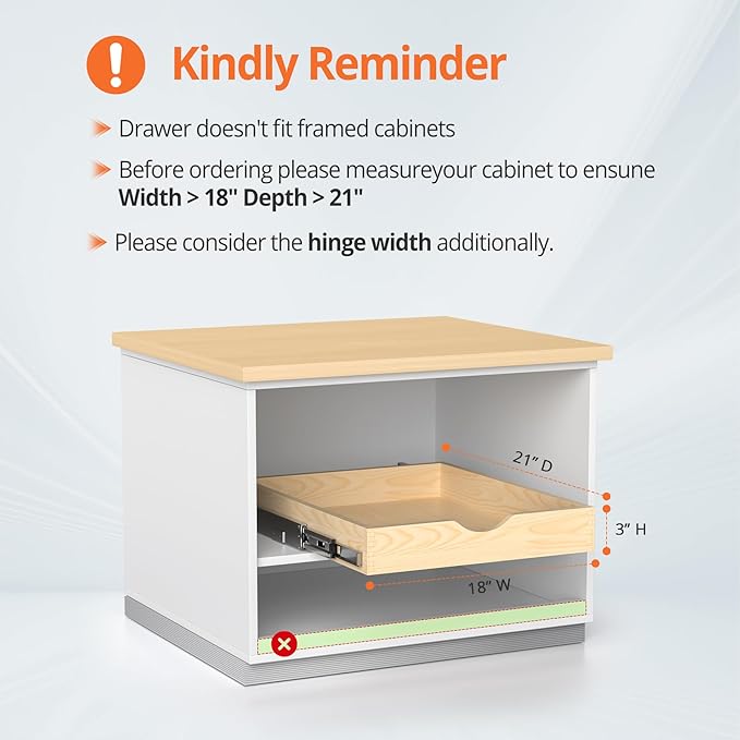 ZOINLIY 18''W X 21''D X 3''H Wooden Pull Out Drawer for Cabinet, Cabinet Organizer for Kitchen, Soft Close Slide Out Shelves, Heavy Duty, Fully Expandable
