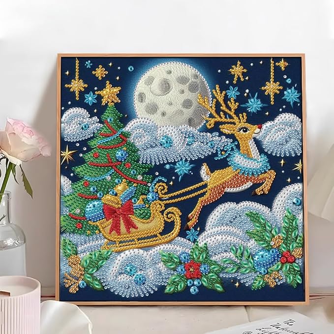 antor Christmas Diamond Painting Kit, 5D Special Shape Diamond Art for Adults, Reindeer Pulling Sleigh at Night DIY Crystal Rhinestones Diamond Painting, Holiday Wall Decor, Winter Home Decoration