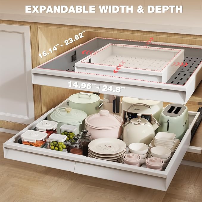 2 Pack Pull Out Cabinet Organizer With Raising Pad for Framed Cabinets,Expandable Width (15"-25") and Depth (17"-24"),3 Slide Rails Slide Out Drawers with Handle,No-Drill Roll Out Shelf,White