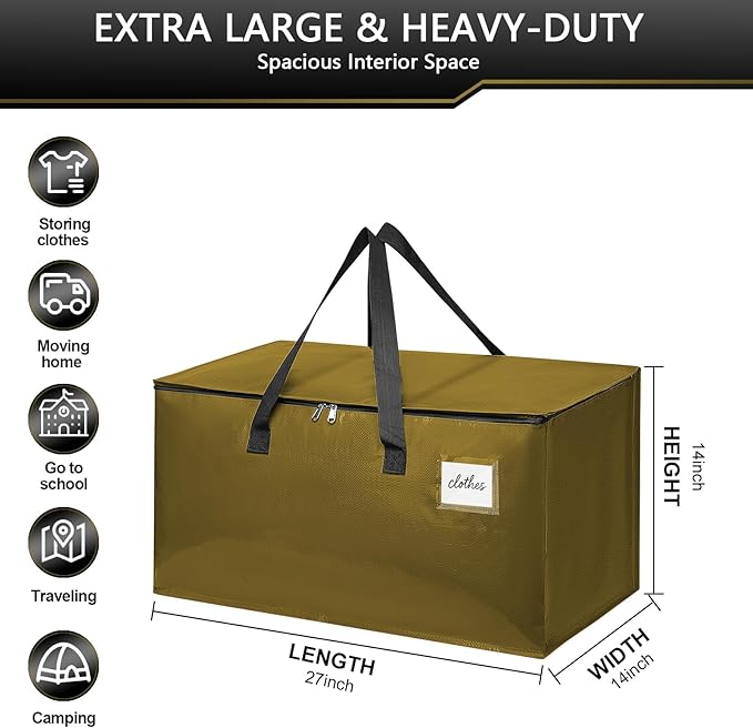 Moving Bags Heavy Duty for Packing and Storage, Large Capacity Zippered Tote with Handles, Reusable Organizer Bag – Gold Khaki