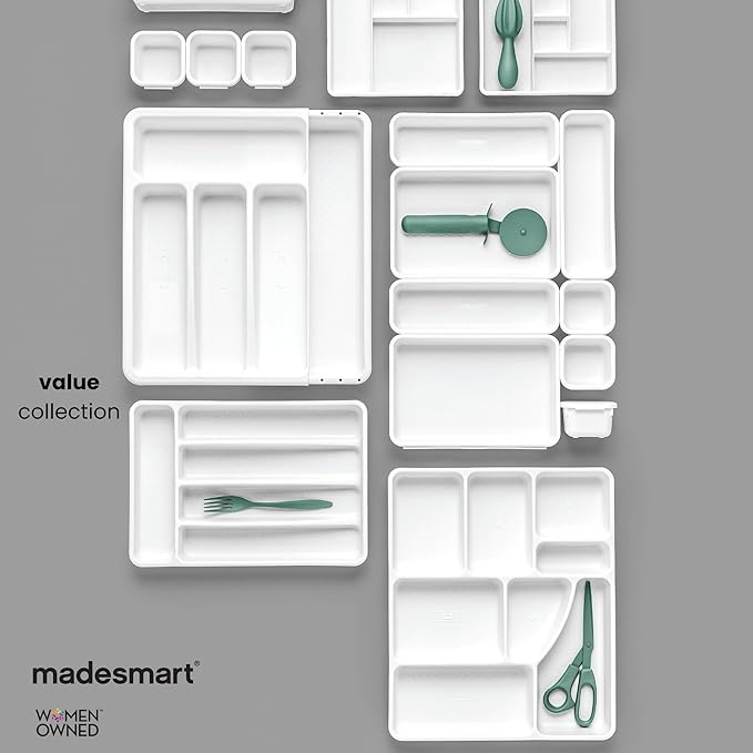 madesmart 13-Compartment Junk Drawer Organizer with Sliding Top Tray, Multi-Purpose Storage for Kitchen, Office & Bathroom Drawers, White