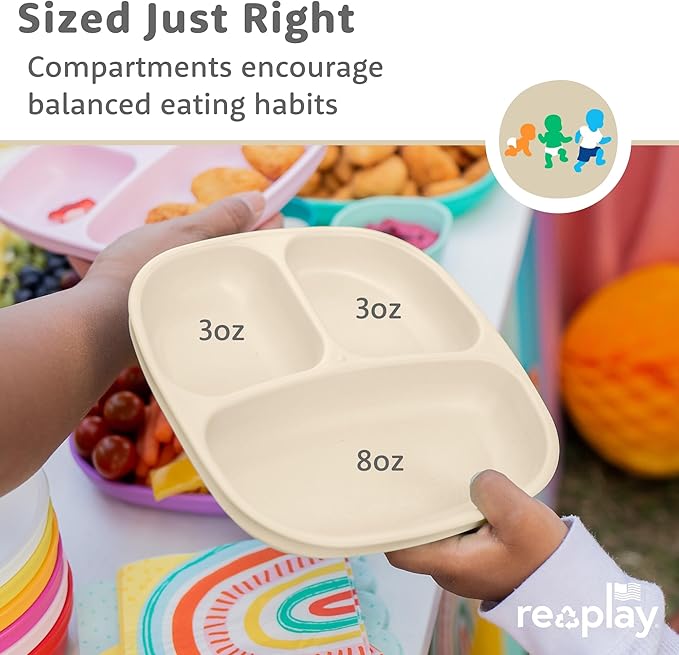 Re-Play Toddler Plates with Dividers - Deep-Walled 3 Compartments Divided Plates for Kids - Dishwasher & Microwave Safe - Made in USA - Set of 4-7.37" x 7.37" x 1.25" - Meadow
