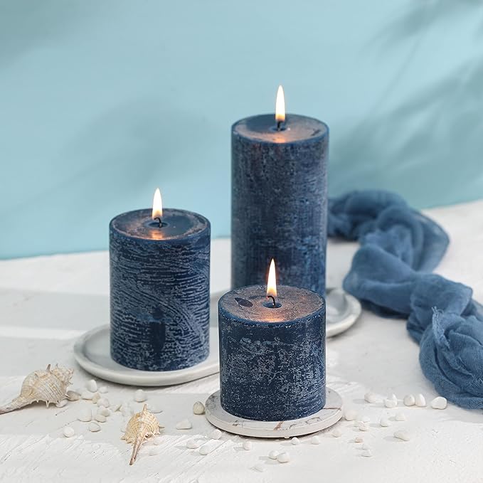 3x3 Inch Dark Blue Pillar Candles Set of 3 - Hand-Poured Unscented Candles, Long Clean Burning, Navy Blue Candle, Smokeless Dripless Candle for Dinner Table, Wedding, Home, Rustic Decor