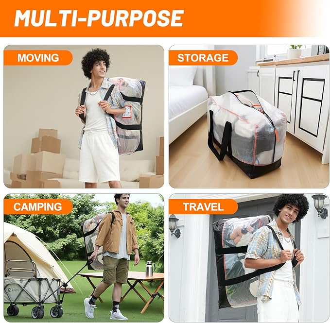 4 Pack Large Moving Bags, 115lb Capacity Heavy Duty Moving Totes with Wrap Around Handles, Clear Storage Bags with Internal Compression Straps, Alternative to Moving Boxes -103L,Clear and Black