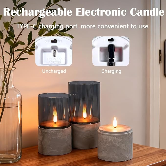 Rechargeable Marble Flameless Candles, Gray Glass LED Pillar Candle with Remote & Timer,Decorative Candles for Living Room, Bedroom, Holiday Décor & Gifts for Women,Set of 3